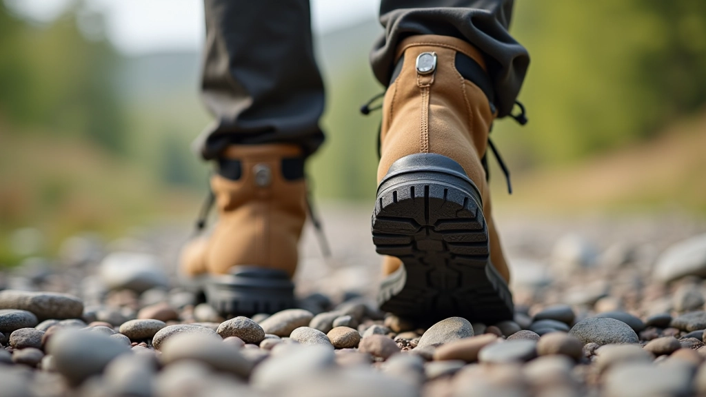 Para profesjonalnych butów trekkingowych na kamienistym podłożu, widok z góry, ostre detale podeszwy, naturalne oświetlenie