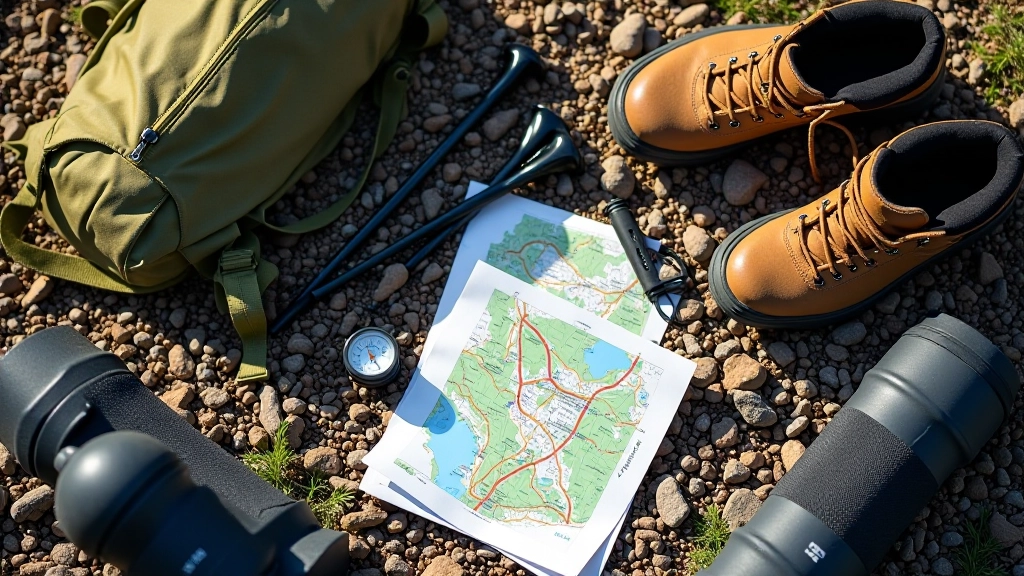 Sprzęt wędrowny rozłożony na materiał — buty trekkingowe, plecak, kije, mapa