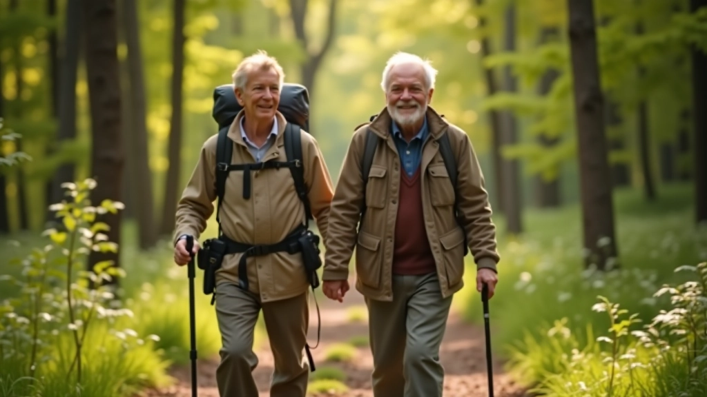 Seniorzy wędrujący po łatwym szlaku leśnym z białymi tabliczkami oznaczającymi trasę
