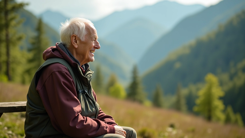 Dwaj seniorzy siedzą na drewnianej ławce przy szlaku, patrzą na widok doliny, słoneczny dzień, las w tle